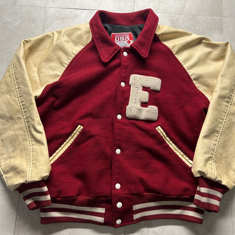 Awards USA Varsity Jacket Red Cream Mens Large Wool Letterman Vintage 90s